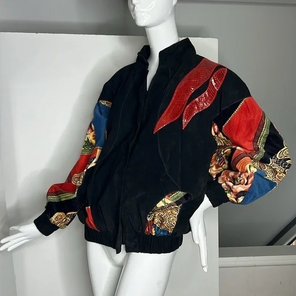 Cache Sz M Vintage Black Suede Snakeskin and Velvet Appliqué Bomber Zip Jacket - Picture 2 of 16